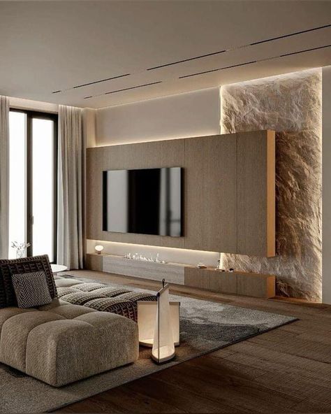 Tv Wall Decor Stone, Tv Wall Stone Design, Tv Stone Wall Design, Tv Feature Wall With Storage, Tv Off Centered On Wall, Stone Tv Wall Ideas Living Room, Stone Wall Tv, Elegant Tv Wall Design, Wallpaper For Drawing Room