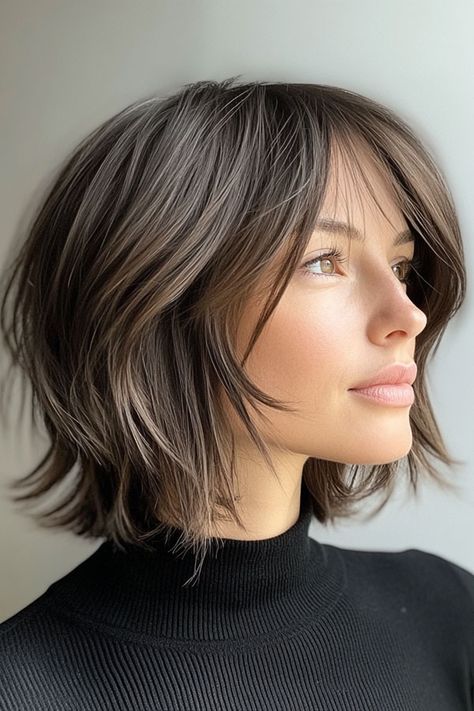 Layered Bob Haircut, Textured Tousled Bob with Curtain Bangs Graduated Bob With Curtain Bangs, Short Bob With Front Layers, Short Bob Hair With Curtain Bangs, Graduated Bob With Bangs, Bob With Long Curtain Bangs, Bob Hairstyles With Curtain Bangs, Chin Length Hair With Layers, Shaggy Inverted Bob, Chin Length Hair With Bangs