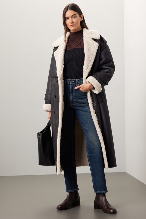 Black Sherpa Coat by Great Jones for $55 | Rent the Runway Day And Nite, Longline Jacket, Shiny Pants, Sherpa Coat, Longline Coat, Classic Coats, Shearling Coat, Coat Black, Faux Fur Jacket