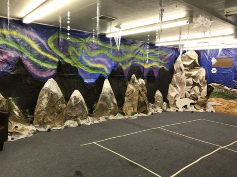 Operation Arctic VBS mountains made out of cardboard and paper. Antarctica Decorations, Operation Arctic Vbs Decorations, True North Vbs Decorations, Arctic Vbs Decorations, Alaska Vbs, Northern Lights Decorations, Operation Arctic Vbs, Arctic Vbs, Everest Vbs