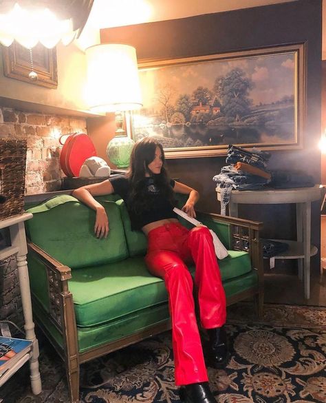 Red Club Aesthetic, Edgy Valentines, Streetwear Night Photoshoot, Outfit Winter Night, Red High-waist Leather Pants For Night Out, Leather Pants Look, Night Club Aesthetic Girl, Red Night Club Aesthetic, Revice Denim