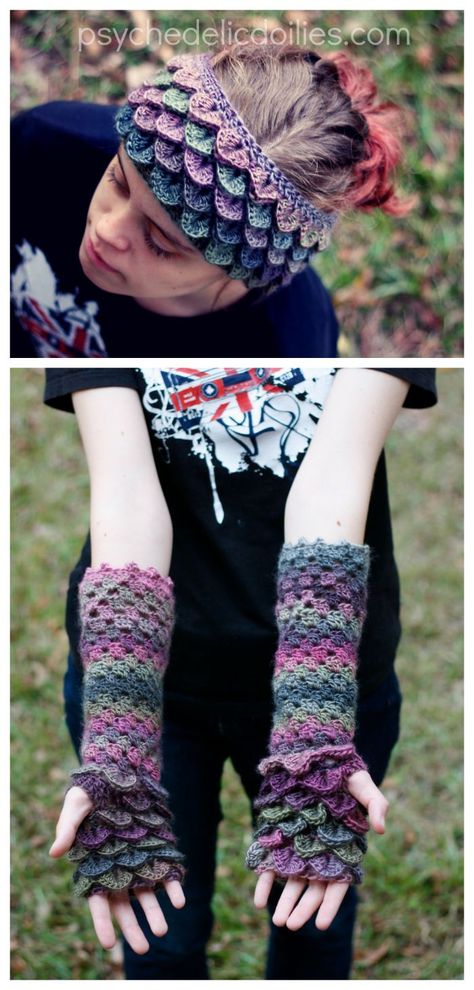 Free Crochet Pattern - Dragon scale ear warmers and matching gloves using the crocodile stitch. Diy Crochet Gloves, Dragon Gloves, Crochet Birthday, Knitting Gloves Pattern, Stitch Ears, Crochet Dreams, Gloves Crochet, Fingerless Gloves Crochet Pattern, Dragon Queen