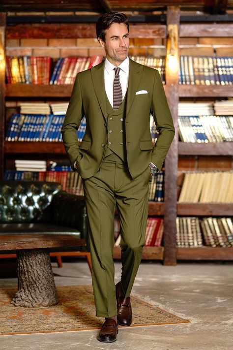 Immerse yourself in the timeless charm of the Khaki Double-Breasted Suit 2-Piece by VIOSSI, a versatile ensemble that transitions effortlessly from formal events to stylish gatherings, ensuring you make a lasting impression wherever you go.  #suit #suits #eveningattire #menattire #styleinspiration #menstyle #gentleman #khakisuit Men Suit Design, Green 3 Piece Suit, Check Suits For Men, Wedding Men Suit, Suit Set For Men, Wedding Suit Men, 3 Piece Suit Wedding, Khaki Suit, Modern Fit Suit