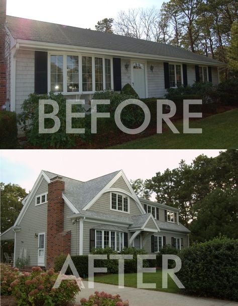 ranch house 2nd floor additions - Google Search Second Floor Addition Before And After, 2nd Story Addition, 2 Story Addition, Second Floor Addition, Ranch House Remodel, Ranch Remodel, Exterior Renovation, Exterior Makeover, Casa Exterior