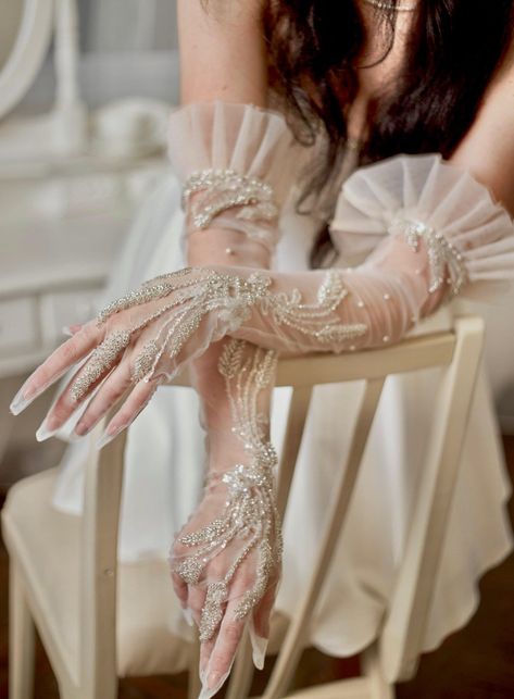 Wedding Gloves Long Bridal Gloves Sheer Tulle Gloves Sequin Gloves Cutom Gloves Opera Gloves Handmade Gloves Lace Bridal Gloves - Etsy Canada Wedding Hand Gloves Brides, Evening Gowns With Gloves, Long White Gloves Aesthetic, Engagement Dress With Gloves, Haute Couture Gloves, Satin Gloves Aesthetic, Lace Gloves Outfit Classy, Tulle Gloves Wedding, Long Gloves With Dress