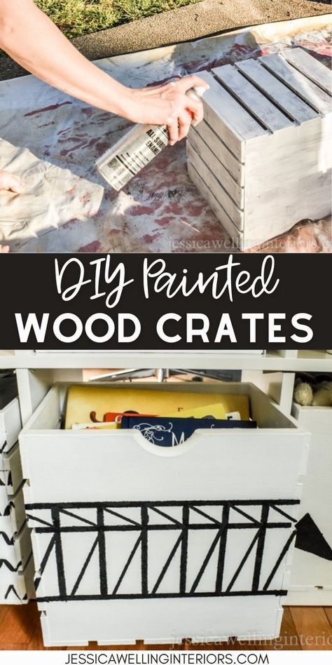 Easy DIY painted crates. Today I’m sharing the tutorial for these newly painted crates in our playroom Painted Crates, Diy Wooden Crate, Storing Toys, Wooden Ideas, Easy Diy Paint, Play Rug, Chalkboard Labels, Simple Painting, Crate Storage