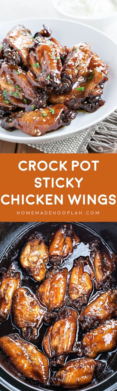 Crock Pot Sticky Chicken Wings! Sticky chicken wings cooked to tender perfection in a crock pot in an Asian-style BBQ sauce. Perfect for a weeknight dinner or a sports party! | HomemadeHooplah.com Chicken Wings Baked, Sticky Chicken Wings, Honey Teriyaki Chicken, Teriyaki Chicken Wings, Wings Chicken, Great Chicken Recipes, Sticky Chicken, Baked Chicken Wings, Party Appetizers