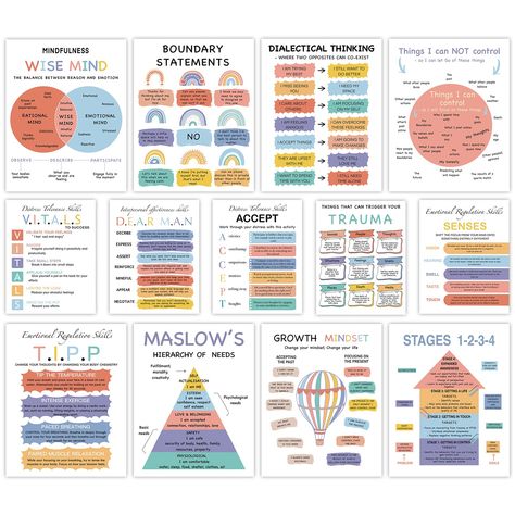 PRICES MAY VARY. DIALECTICAL BEHAVIOR THERAPY POSTERS - Transform your space into a peaceful sanctuary with our mental health posters. This set of 13 posters, sized 11"x14", is designed to help you live in the moment, develop healthy coping skills to manage stress, regulate your emotions, and improve your relationships with others. DEVELOP LIFELONG COPING SKILLS - Featuring warm colors and cute patterns that quietly and gently bring positive energy to motivate the soul, our trauma therapy poster Psychology Posters Ideas, Counselor Classroom, School Counselor Classroom, Therapy Offices, Therapy Poster, Coping Skill, Health Posters, Wise Mind, Healthy Coping Skills