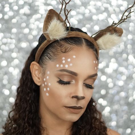 The Deer Makeup Look You Need To Try For Halloween This Year Women’s Deer Makeup, Halloween Makeup For Teachers, Teacher Halloween Makeup, Deer Costume Women Makeup, Deer Eyes Makeup, Parade Makeup, Rudolph Makeup, Deer Face Paint, Deer Costume Makeup