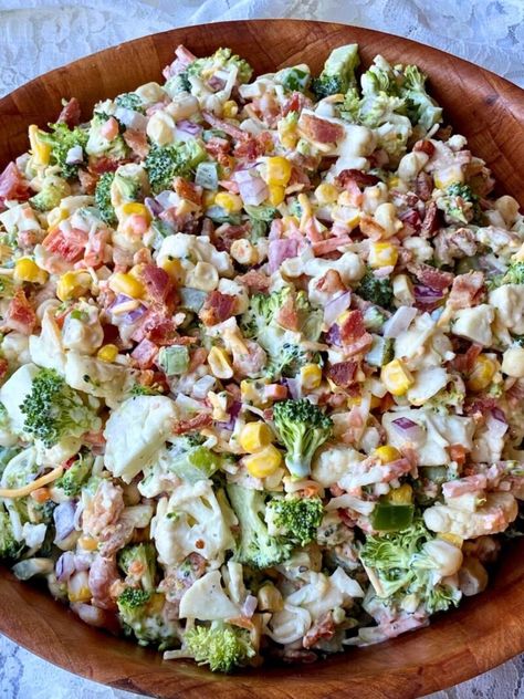 BACON RANCH CHOPPED SALAD - The Southern Lady Cooks Bacon Ranch Chopped Salad, Cold Casserole Recipes, Seafood Chimichanga, Chopped Broccoli Salad, Easter Salads, Bacon Ranch Salad, Chopped Sandwich, Easter Salad Recipes, Broccoli Salad With Raisins