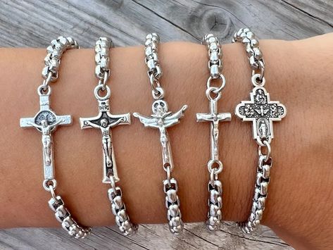 Catholic Cross Medal Bracelet, Crucifix Charm Pendant, Stainless Steel Jewelry, CHOOSE CROSS MEDAL - Etsy Catholic Jewelry Bracelets, Catholic Rosary Bracelet, Catholic Bracelet, Cross Medal, Rosary Jewelry, Kids Bracelet, Catholic Cross, Custom Gift Cards, Faith Bracelet