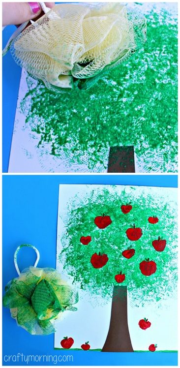 Apple tree craft using a pouf bath sponge! #Fall craft for kids! | CraftyMorning.com Fruit Tree Crafts Preschool, Apple Hats For Preschool, Apple Easel Art Preschool, Apple Orchard Craft, Jonny Apple Seed Crafts, Loofah Painting, Cherry Crafts For Kids, Tree Art For Preschool, Apple Tree Craft Preschool