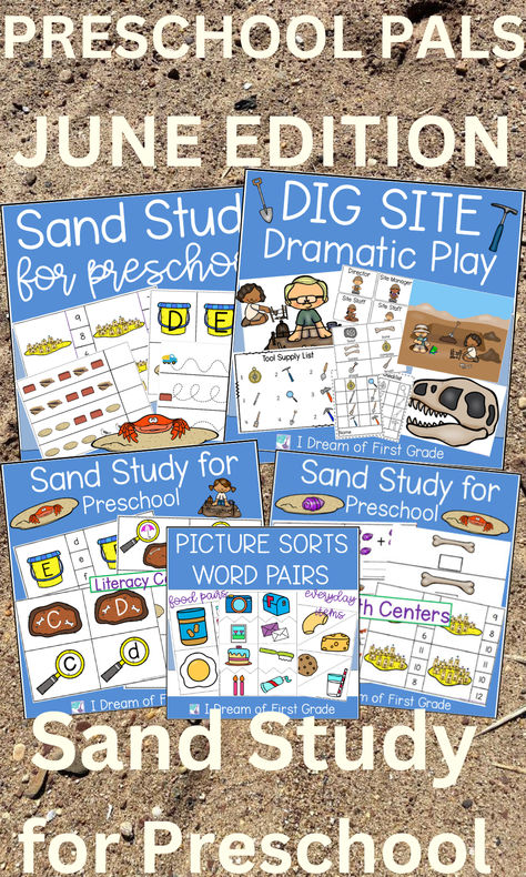 The June subscription includes the sand study for preschool bundle which includes  The literacy centers include the alphabetic principle, beginning sounds, syllables and rhyming. The math centers include counting, adding, more and less, measuring and sorting.  PLUS Dinosaur Dig DRAMATIC PLAY SET and more ! Dinosaur Dig, Monthly Activities, Preschool Units, Dramatic Play Area, Creative Curriculum, Adventure Design, Phonological Awareness, Beginning Sounds, Monthly Themes