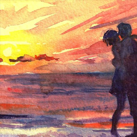 Beach Pictures Professional, Beach Kissing, Romance Painting, Painting Love Couple, Art Love Couple, Couple Beach Pictures, Romantic Paintings, Silhouette Painting, Painting Beach