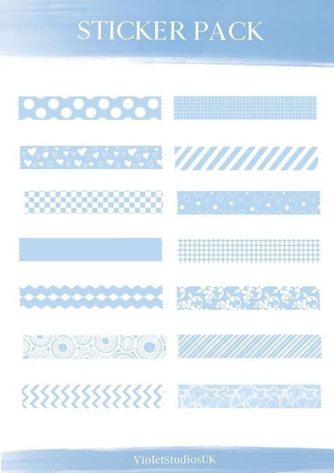 Digital Washi, Blue Scrapbook, Washi Tape Stickers, Drawn Patterns, Digital Bullet Journal, Tape Stickers, Note Writing Paper, Washi Tape Planner, Scrapbook Book