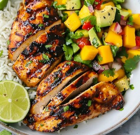 Grilled Citrus Chicken With Mango Salsa, Chicken With Mango Avocado Salsa, Ricotta Stuffed Chicken Breast, Chicken With Mango, Lime Marinade For Chicken, Mango Salsa Chicken, Ricotta Stuffed Chicken, Avocado Salsa Recipe, Squeezed Orange Juice