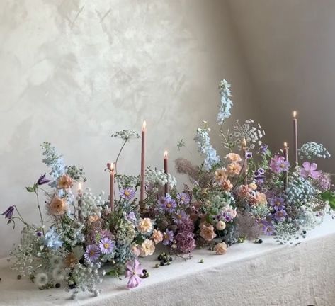 Dusty Blue Lilac Bouquet, Floral Arrangements Wedding Table Decor, Chuppah Floral Installation, Pastel Flowers Arrangements, Flower Display Wedding, Wedding Table Floral Runner, Bridgerton Floral Arrangements, Summer Flower Arrangements Wedding, Whimsical Wedding Color Palette