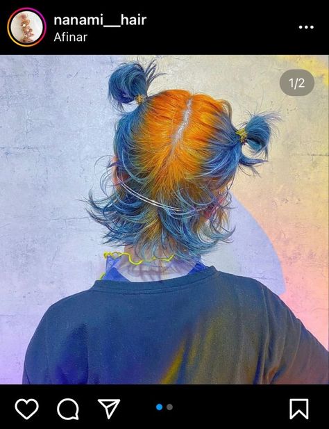 Queer Hair Color, Ginger And Blue Hair, Rainbow Mullet, Creative Hair Dye, Orange Blue Hair, Blue Orange Hair, Orange And Blue Hair, Blue And Orange Hair, Dyed Mullet