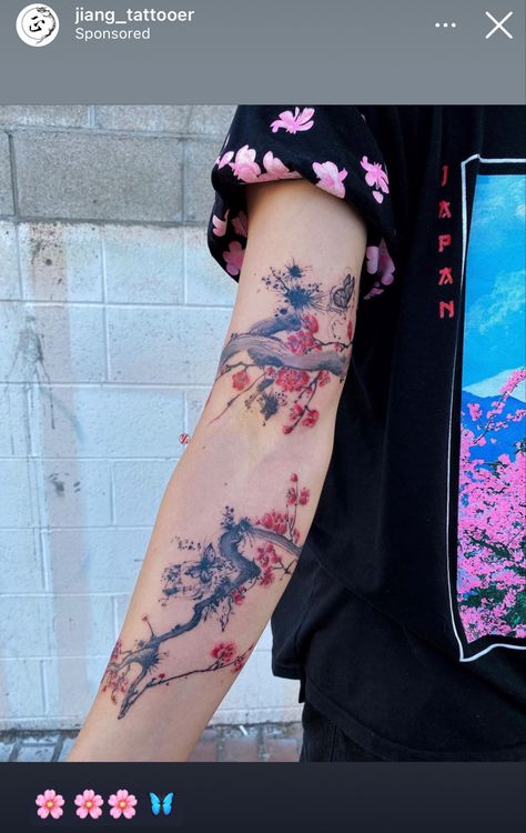 tattoo cherry blossoms color arm jiang_tattooed wrap tat Tattoo Cherry Blossoms, Casual Y2k Outfits, Girly Sleeve Tattoo, Tattoo Cherry Blossom, Couple Y2k, Tattoo Cherry, Christmas Y2k, Arm Wrap Tattoo, New Beginning Tattoo