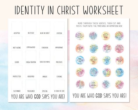 Printable Christian Affirmation worksheet/activity | Identity in Christ Bible Verses | You are who God says you are | Rainbow home school Affirmation Worksheet, John 15 16, Philippians 4 19, All About Me Activities, L Quotes, Bible Study Printables, Christian Affirmations, Psalm 121, Psalm 139