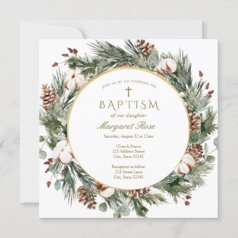 $2.7 | Winter Baptism Invitation - baby, simple invitation, baptism, christening invitation, winter baptism, christmas baptism, evergreen Winter Baptism, Baptism Themes, Baptism Centerpieces, Baptism Invitations Girl, Christening Decorations, Margaret Rose, Christening Invitation, Baptism Decorations