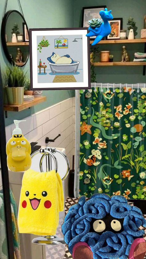 Pokemon Bathroom! #interiordesign #homedecor #nerddecor #nerd #gamer #decor #design #pokemon Nerd Bathroom Ideas, Pokemon Bathroom Ideas, Pokemon House Decor, Pokemon Home Decor, Pokémon Bathroom, Subtle Nerd Decor, Pokemon Bathroom, Pokemon Nursery, Nerd Home Decor