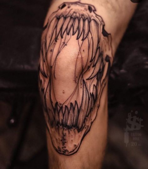 ... Jaw Bone Tattoo Knee, Animal Jaw Tattoo, Skull Elbow Tattoo, Knee Skull Tattoo, Above Knee Tattoo Men, Legs Tattoos, Wicca Tattoo, Tattoo Knee, Leg Tats