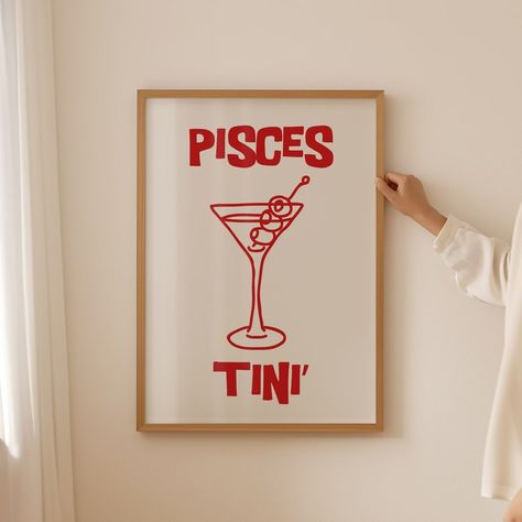 Pisces Poster, Retro Drinks, Wall Print Design, Drinks Poster, Vintage Martini, Retro Bar Cart, Martini Print, Fun Art Print, Vintage Drinks