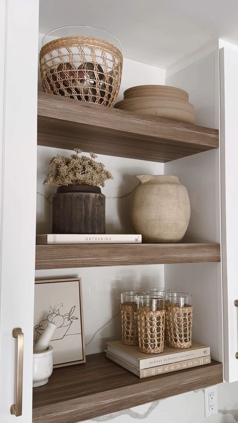 Sunday Suppers: Recipes + … curated on LTK Modern Built In Decor, Kitchen Open Shelving Decor Modern, Kitchen Decorative Shelves, Shelf Styling Kitchen, Floating Shelves Dining Room, Kitchen Shelves Decor, Kitchen Floating Shelves Decor, Floating Shelves Ideas, Organic Modern Decor Kitchen