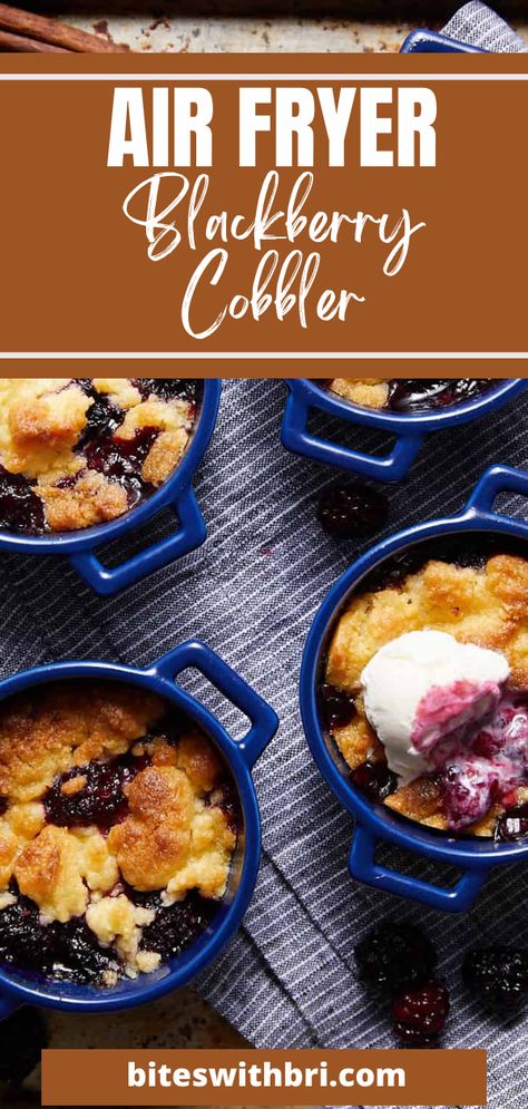 This easy Air Fryer Blackberry Cobbler is the perfect summer dessert, but I make it year round with frozen berries. The biscuit topping is buttery and sweet. Don’t forget the vanilla ice cream! These can be assembled in less than 5 minutes. No need to heat the oven or stove. These bake from start to finish in the air fryer. This recipe is made with pantry staples that you likely already have on hand. The blackberries are tossed with a little sugar to bring out their natural sweetness. Blackberry Dessert, Blackberry Cobbler Recipe, Cobbler Recipes Easy, Fried Dessert, Cobbler Topping, Blackberry Recipes, Berry Cobbler, Blackberry Cobbler, Air Fried Food