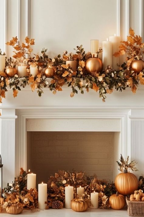 Style your mantel with elegant Thanksgiving decor, featuring candles, garlands, and fall accents. #ThanksgivingMantel #ElegantDecor #FallStyle Thanksgiving Mantel Decor, Elegant Thanksgiving, Mantel Ideas, Fall Accents, Focal Points, Well Decor, Thanksgiving Decor, Elegant Decor, Autumn Inspiration