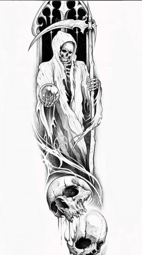 create unique custom tattoo design, tattoo sleeve La Santa Muerte Tattoo, Art Drawings Tattoo, La Muerte Tattoo, Reaper Drawing, Evil Skull Tattoo, Black Skull Tattoo, Skull Art Tattoo, Grim Reaper Tattoo, Arte Occulta