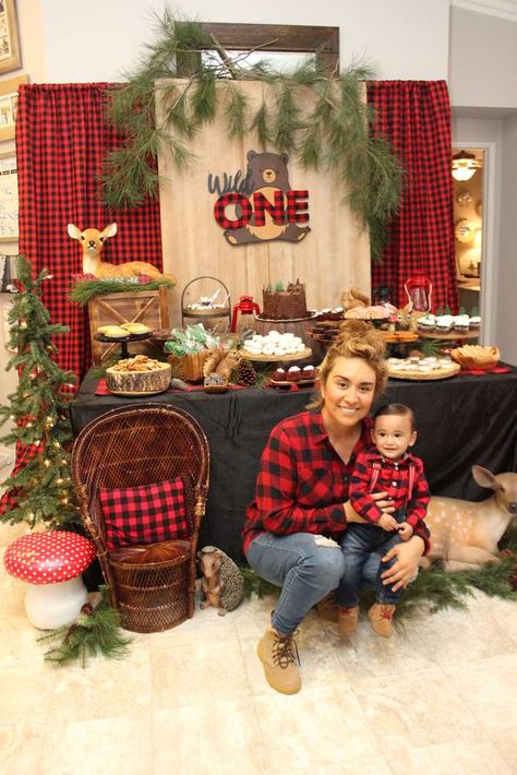 Lumber Jack Woodland Party Birthday Party Ideas | Photo 1 of 30 | Catch My Party Lumberjack Party Centerpiece, Lumbar Jack Birthday Party, Lumberjack One Year Birthday, Lumberjack Wild One Birthday, Black Bear First Birthday Party, Wild One Winter Birthday, 1st Birthday Lumberjack Theme, First Birthday Lumberjack Theme, Fall Birthday Party Ideas For Baby Boy