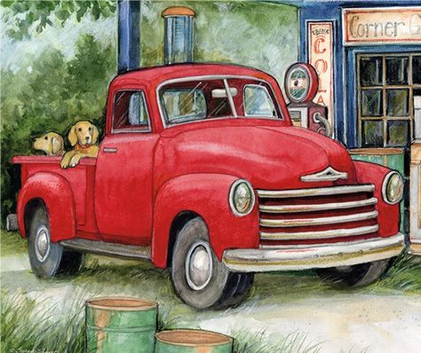 Old Truck Paintings, After Christmas Decor, Christmas Red Truck, Vintage Pickup Trucks, Susan Winget, Flower Truck, Old Gas Stations, Old Truck, Old Pickup