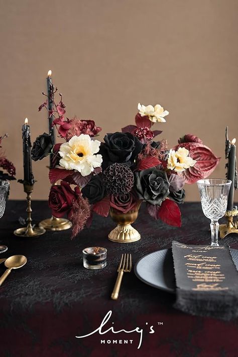 Ling's Moment Moody Burgundy & Black Artificial Flowers and Greenery Grand Combo Box Set, Goth Fake Flower for DIY Wedding Bridal Bouquet, Centerpieces Decor, Floral Arrangement Decor, etc. #AD Black Flower Centerpieces Wedding, Goth Floral Arrangements, Moody Centerpieces Wedding, Moody Burgundy Wedding, Dancing Lady Orchid, Company Celebration, Moody Wedding Decor, Avalanche Rose, Events Coordinator