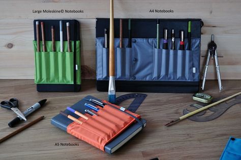 Artists and designers can keep all of their tools at the ready with this unique stationery sleeve for notebooks. Notebook Sketches, Camper Awnings, Notebook Sleeve, Tech Bag, Leather Pencil Case, Fully Booked, Writer Gifts, Camping Tools, Pen Design