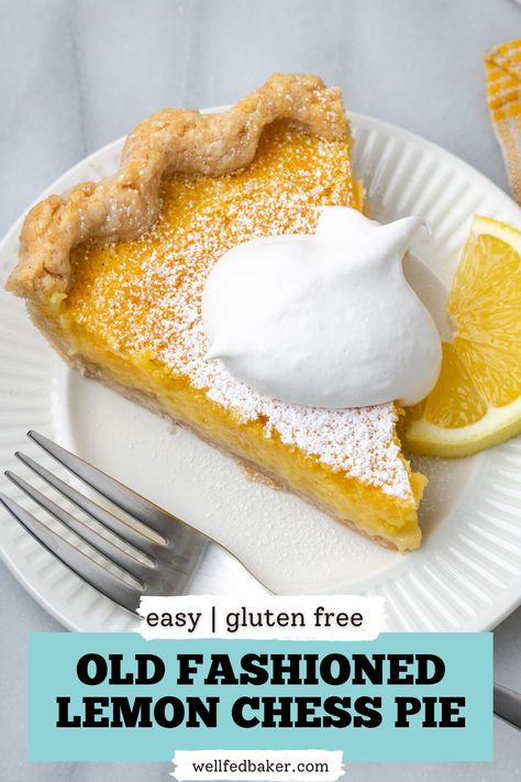 A slice of gluten free lemon chess pie topped with whipped cream and served on a white plate. Custard Pie Filling, Gluten Free Pies Recipes, Dairy Free Custard, Lemon Chess Pie, Chess Pie Recipe, Sweet Custard, Just Pies, Classic Southern Recipes, Southern Recipe