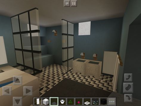 Stand up shower with bench and storage shelf. Double sinks with towels Minecraft Starbucks, Shower With Bench, Bench And Storage, Double Sinks, Shower Bench, Minecraft Ideas, Minecraft Designs, Double Sink, Sandbox