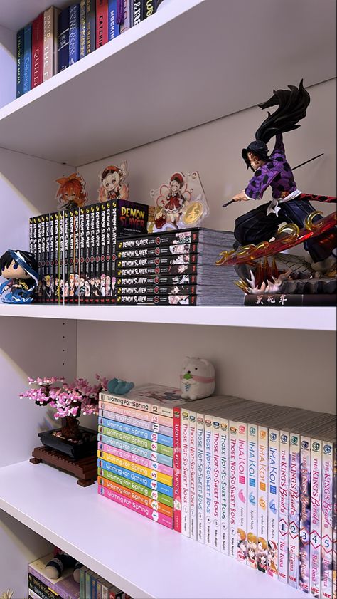 ft: demon slayer box set and side stories, genshin impact acrylic stands, giyuu funko pop, kokushibo/upper moon 1 resin statue, lego bonsai tree pink, waiting for spring, those not so sweet boys, imakoi, and the kings beast. Genshin Impact Room Ideas, Funko Pops Collection, Anime Statues, Genshin Impact Room Decor Ideas, Lego Demon Slayer, Genshin Impact Room, Genshin Room, Funko Pop Shelf, Genshin Impact Aesthetic