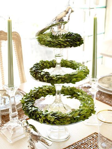 CHRISTMAS DECORATING POWER OF THREE - Stacked Cake Plates with Wreaths Christmas Topiary, Christmas Tablescape, Holiday Day, Tabletop Christmas Tree, Pretty Christmas, Tiered Trays, Primitive Christmas, Noel Christmas, Ideas Christmas