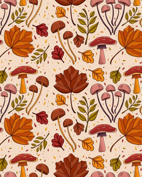 This week pattern 🍁🍂 “Autumn leaves falling down like pieces into place. And I can picture it after all these days.” #fun #colour #illustration #pattern #cute #flower #surfacedesign #fall #paint #fallpattern #autumn #autumnvibes #autumnpattern #mushrooms Fall Flowers Illustration, Autumn Pattern Design, Autumn Tree Illustration, Autumn Pattern Illustration, Autumn Leaves Falling, Colour Illustration, Mushroom Paint, Leaves Falling, Autumn Pattern