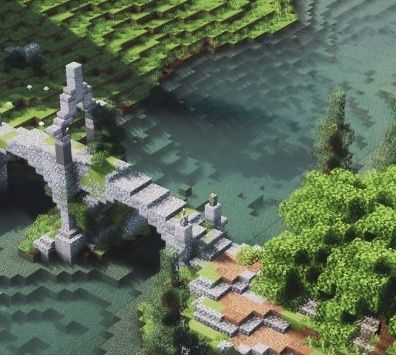 Medieval Road Minecraft, Minecraft Overgrown Bridge, Moss To Stone Gradient Minecraft, Minecraft Natural Bridge, Mountain Bridge Minecraft, Mossy Cobblestone Minecraft, Minecraft Sidewalk Ideas, Minecraft Pond House, Minecraft Dungeon Build Ideas