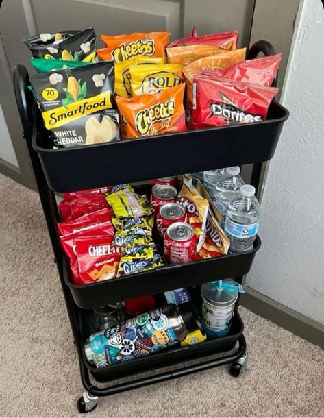 Basement Hangout Ideas, Snack Cart Ideas, Snacks Aesthetic, Hair Room, College Dorm Room Inspiration, Snack Cart, Hangout Room, Snack Organizer, Apartment Needs