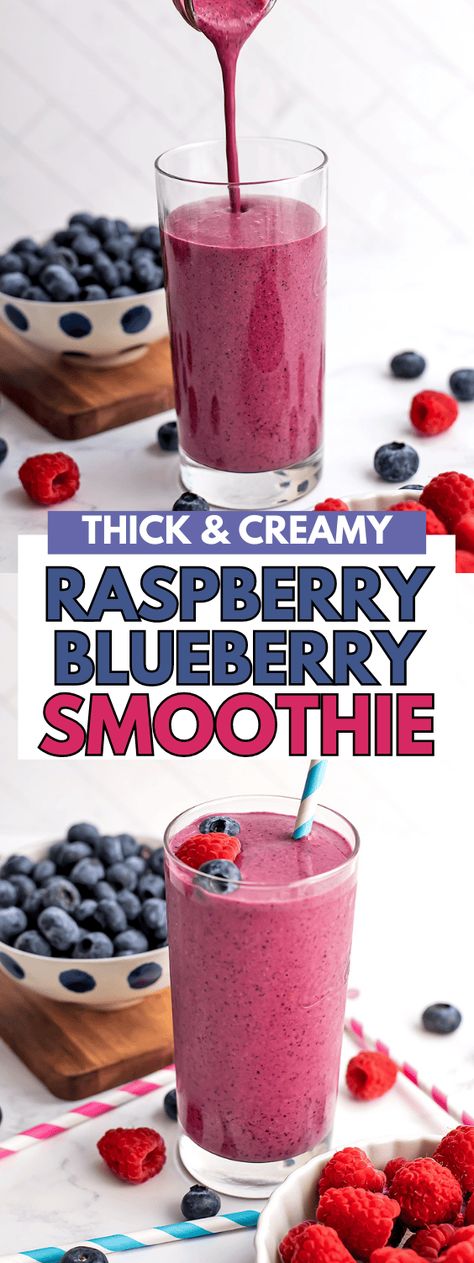 Creamy and perfectly sweet, this raspberry blueberry smoothie is easy to make with simple ingredients. A 5 minute refreshing smoothie and beautiful vibrant color. This blueberry and raspberry smoothie is a great way to get in daily servings of fruit with minimal ingredients. Gluten Free with Dairy Free and Vegan Options. Raspberry Smoothie Healthy, Blueberry Raspberry Smoothie, Yogurt Protein Shake, Raspberry Smoothie Recipes, Smoothie Without Yogurt, Blueberry Smoothie Recipe, Fruit Smoothie Recipes Healthy, Blueberry Smoothie, Oat Smoothie