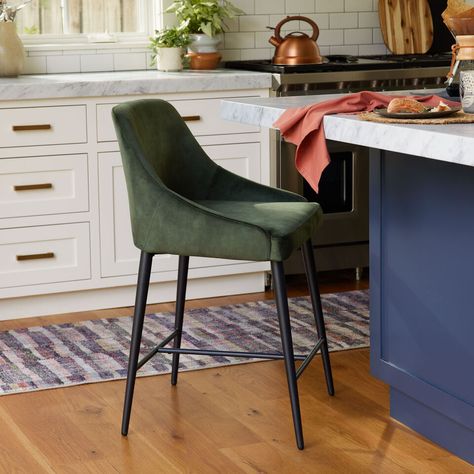 Kenzie Dark Green Velvet Upholstered Counter Stool Set of 2 - World Market Green Counter Stools, Scottish Decor, Green Bar Stools, Eclectic Dining Room, Bar Stools Kitchen Island, Dark Green Velvet, Modern Counter Stools, Wooden Dining Set, Contemporary Dining Table