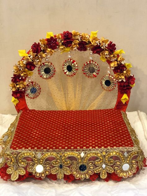 Krishna Aasan Decoration, Krishna Singhasan Handmade, Laddu Gopal Singhasan, Haldi Tray, Krishna Accessories, Jhula Decoration, God Dress, Jay Swaminarayan, Rajasthan Art