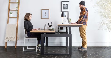 Shared Home Offices, Shared Home Office, Desk For Two, Sit Stand Workstation, Standing Desk Office, Shared Office, Sit Stand Desk, Standing Desks, Office Inspo