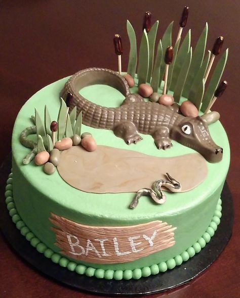 Swamp Birthday Cake, Bayou Birthday Cake, Bayou Cake, Two The Bayou Birthday Party, Crocodile Cake Birthday, Bayou Themed Party Ideas, Two Da Bayou Birthday, Croc Cake, Swamp Cake