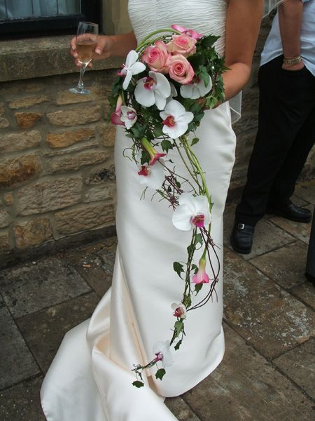 Orchid and Rose Cascade Trailing Bouquet, Orchid Bouquet, Bridal Bouquet Flowers, Cascade Bouquet, Hand Bouquet, A Wedding Dress, Bouquet Of Flowers, Bride Bouquets, Bridal Flowers