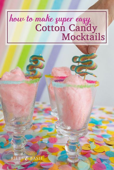 Learn how to create delightful cotton candy mocktails with ease, brought to you by Riles & Bash. Desserts With Cotton Candy, Mocktails Cotton Candy, Cotton Candy Mocktails Non Alcoholic, Nye Food Ideas Party Appetizers Kids, Sweet Sixteen Mock Tails, Cotton Candy Mock Tail, Cotton Candy Mocktail Kids, Cotton Candy Birthday Party Decorations, Cotton Candy Drink For Kids